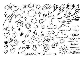 Obraz premium set of different stars, cloud, arrows, hearts, thunderbolt, signs and symbols. Hand drawn, doodle elements isolated on white background.