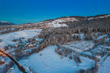 Zakopane Winter Capital of Poland. Aerial Drone Panoramic View at Sunrise