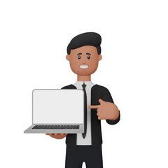 3d rendering man showing screen of laptop