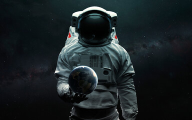 Astronaut holding Earth planet in hand. 3D sci-fi art. Elements of image provided by Nasa - obrazy, fototapety, plakaty