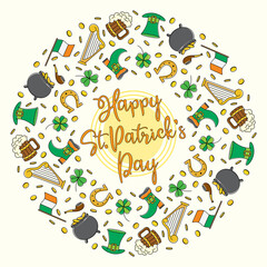 Bright line art round wreath of St Patricks day symbols happy St Patricks day congratulations