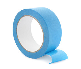 Roll of light blue adhesive tape isolated on white