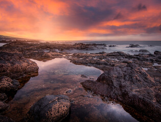 Long exposure seascape. Punta del Hidalgo coastline at sunset. Tenerife. Canary islands
