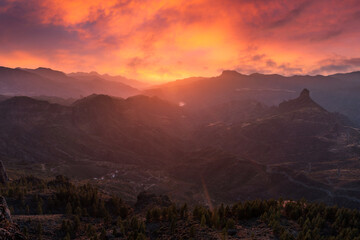 view of Roque bentayga at sunset. Landscape. Gran Canaria. Canary Islands	