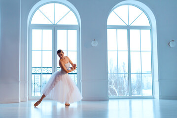 ballerina in white tutu and leotard on pointe shoes - obrazy, fototapety, plakaty
