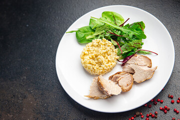 bulgur with meat and leaves lettuce mix fresh portion dietary healthy meal food diet still life snack on the table copy space food background rustic top view keto or paleo diet