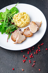 bulgur with meat and leaves lettuce mix fresh portion dietary healthy meal food diet still life snack on the table copy space food background rustic top view keto or paleo diet