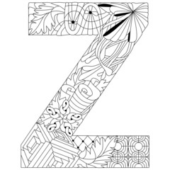 Letter Z monogram for coloring, engraving design. Vector illustration.