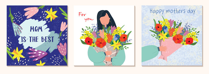 Mothers Day. Vector watercolor illustrations of mom, woman, flowers, hearts, pattern and text. Spring bouquet. Spring postcards square. Drawings for a postcard, poster or background