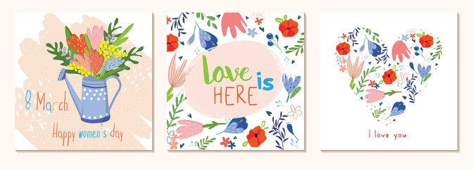 Fototapeta na wymiar Happy Women's Day March 8. Cute cards and posters for the spring holiday. Vector illustration of a date, a women and a bouquet of flowers. I love you