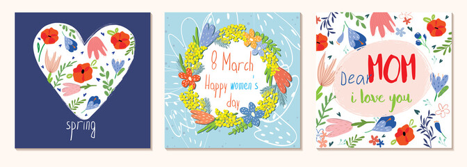 Happy Women's Day March 8. Mothers Day. Cute cards and posters for the spring holiday. Vector illustration of a date, a women and a bouquet of flowers. I love you