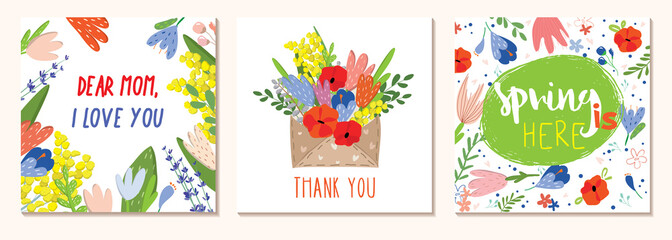 Happy Women's Day March 8. Mothers Day. Cute cards and posters for the spring holiday. Vector illustration of a date, a women and a bouquet of flowers. I love you