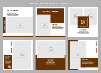 Social media post template. Six editable page or banner, fit for all sale promotion, minimalist concept with walnut brown and white color theme.