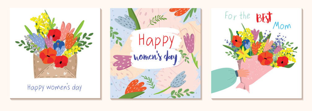 Happy Women's Day March 8. Mothers Day. Cute cards and posters for the spring holiday. Vector illustration of a date, a women and a bouquet of flowers. I love you