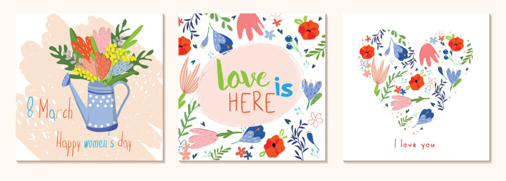 Happy Women's Day March 8. Cute cards and posters for the spring holiday. Vector illustration of a date, a women and a bouquet of flowers. I love you