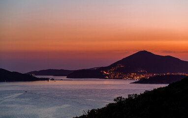 Fototapeta premium Sunset landscape view of Budva riviera in Montenegro.