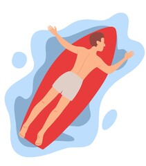 Young man lying on a surfboard. Flat illustration isolated on white background 