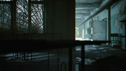 post-apocalypse scenery and horror navigating a structure.