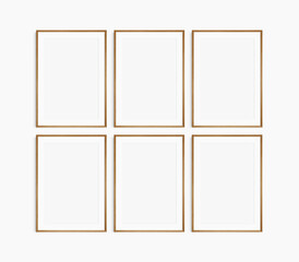 Frame mockup 5x7, 50x70, A4, A3, A2, A1. Set of six thin cherry wood frames. Gallery wall mockup, set of 6 frames. Clean, modern, minimalist, bright. Portrait. Vertical. Mat opening 2:3.