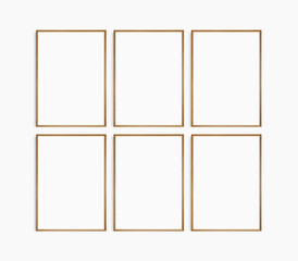 Frame mockup 5x7, 50x70, A4, A3, A2, A1. Set of six thin cherry wood frames. Gallery wall mockup, set of 6 frames. Clean, modern, minimalist, bright. Portrait. Vertical.