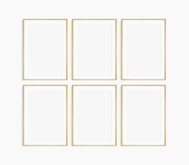 Frame mockup 5x7, 50x70, A4, A3, A2, A1. Set of six thin oak wood frames. Gallery wall mockup, set of 6 frames. Clean, modern, minimalist, bright. Portrait. Vertical. Mat opening 2:3.