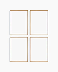 Frame mockup 5x7, 50x70, A4, A3, A2, A1. Set of four thin cherry wood frames. Gallery wall mockup, set of 4 frames. Clean, modern, minimalist, bright. Portrait. Vertical. Mat opening 2:3.