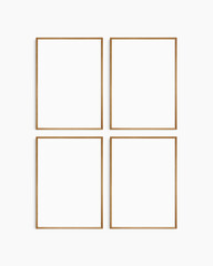 Fototapeta premium Frame mockup 5x7, 50x70, A4, A3, A2, A1. Set of four thin cherry wood frames. Gallery wall mockup, set of 4 frames. Clean, modern, minimalist, bright. Portrait. Vertical.