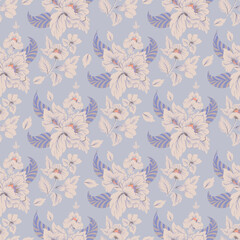 seamless pattern with hand-drawn flowers on a pastel blue background
