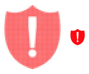 Shield warning halftone dotted icon. Shield warning vector icon mosaic is designed of halftone array which contains circle elements.