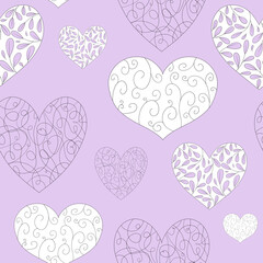 Fototapeta na wymiar Lilac purple background seamless patten with ornamental hearts