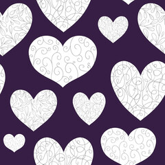 Fototapeta na wymiar Dark purple background seamless patten with ornamental hearts