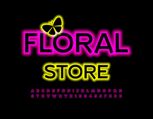 Vector business logo Floral Store with decorative Butterfly. Unique Neon Font. Elegant pink glowing Alphabet Letters and Numbers set