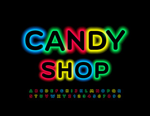 Fototapeta na wymiar Vector bright Sign Candy Shop. Colorful Electric Font. Neon Alphabet Letters and Numbers 