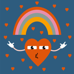 Abstract retro illustration with cartoon heart. A postcard in retro character doodle style. Vector poster for the day of love. Vector illustration