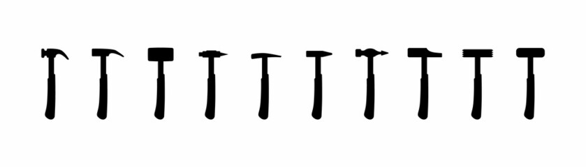 Vector illustration hammers black and white silhouettes isolated on white background. Different types of hammers vector icons set. Black and white hammers silhouettes.
