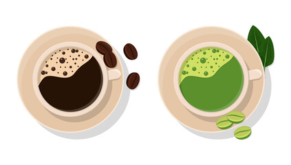 Green and black coffee in a mug set