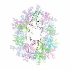 A pretty girl in a T-shirt and jeans poses against a background of flowers