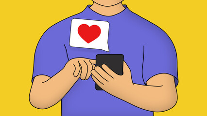 Close up no face cartoon man character in blue t-shirt use smartphone on isolated yellow background. Empty push notification with red heart. New reaction, like, social networking acquaintance metaphor