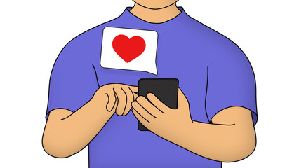 Close up no face cartoon man character in blue t-shirt use smartphone on isolated white background. Empty push notification with red heart. New reaction, like, social networking acquaintance metaphor