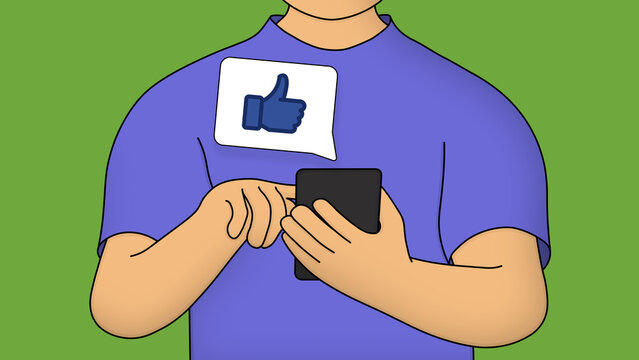 Close Up No Face Cartoon Man Character In Blue T-shirt Use Smartphone On Isolated Green Background. Empty Push Notification With Text Area. New Reaction, Like Or Social Networking Metaphor