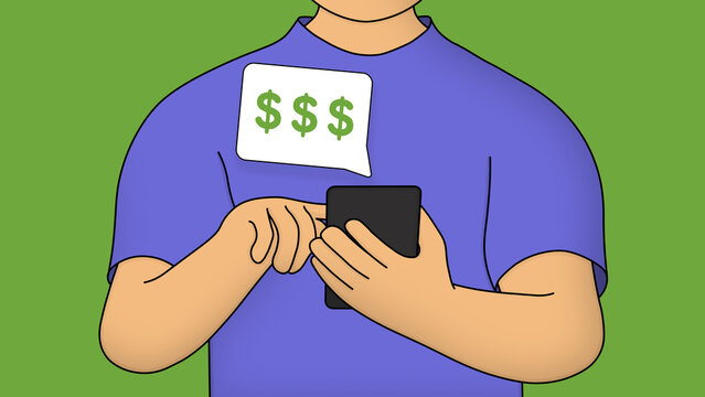 Close Up No Face Cartoon Man Character In Blue T-shirt  Use Smartphone On Isolated Green Background. Push Notification Finance Concept. Payment, Earning, Working, Freelance Metaphor