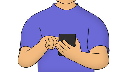 Close up no face cartoon man character in blue t-shirt  use smartphone on isolated white background. 