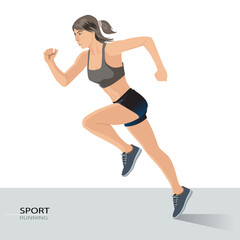 side view of running woman in sporty clothes on gray