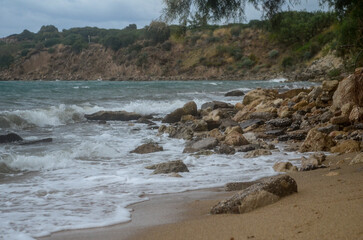 sea storm on sand beach 