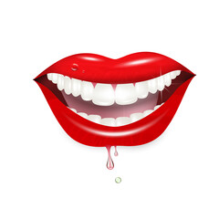 3D vector, realistic smile with flowing moisture. A shining mouth with white teeth and lips, a model of a cheerful mood. Vector beautiful smile on a white background