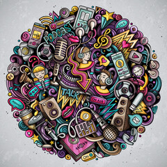 Obraz premium Audio content cartoon doodles illustration.