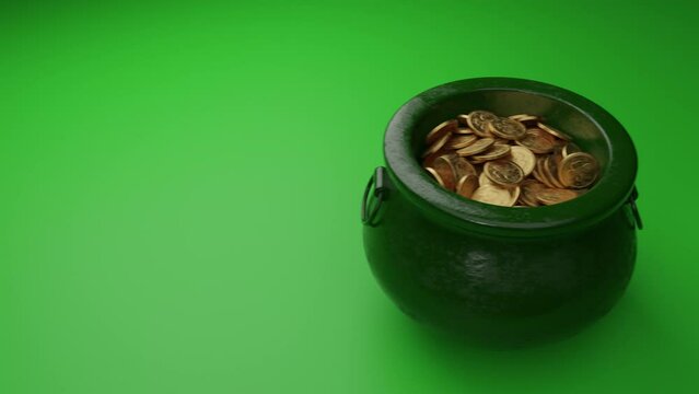 Saint Patrick’s day greeting animation. Golden coins falling inside pots, green colored background. Traditional Irish symbol of success, luck. Leprechaun’s gold. Celebrative 3D Render 4K seamless loop