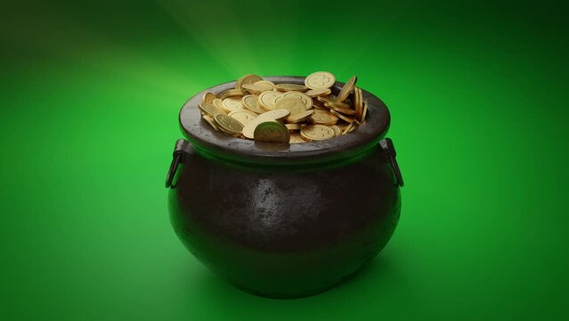 Saint Patrick’s day greeting animation. Pot full of golden coins dynamic rotation, green background, beautiful light effects. Traditional Irish symbol of success, luck. Leprechaun’s gold. 3D Render 4K