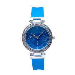 Wrist watch is blue color and stainless steel on white background.
