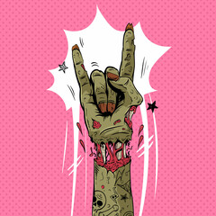 Zombie hand shows rock gesture, hand drawn vector illustration